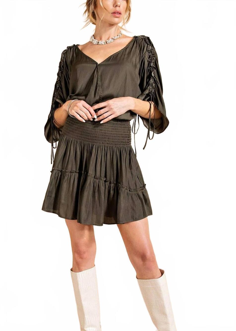 NEW KORI silky smocked mini dress in olive
